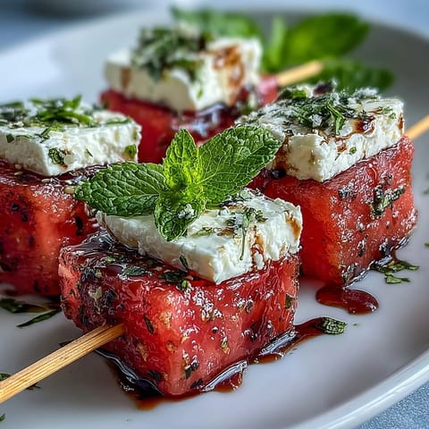 Colorful watermelon feta skewers with fresh mint, perfect for summer gatherings and light appetizers.  