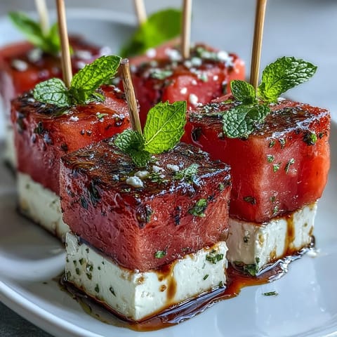 Juicy watermelon and creamy feta cubes layered on skewers with mint, drizzled with olive oil and balsamic glaze.  