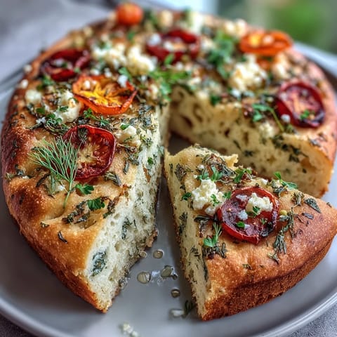 1. Baby in Bloom Herb Focaccia with vibrant floral veggie art, featuring colorful bell peppers, herbs, and edible flowers on golden bread.