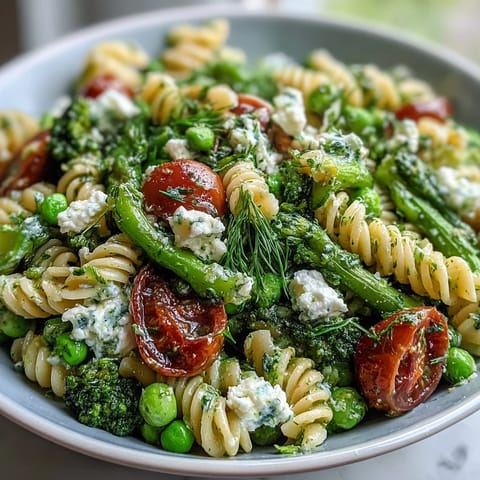 Fresh spring pasta salad with broccoli and peas, tossed in zesty lemon-herb dressing and garnished with feta and pine nuts.  