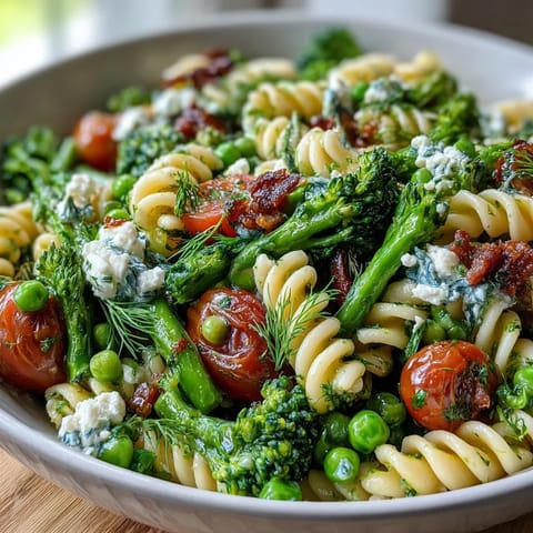 Vibrant vegetarian pasta salad featuring al dente fusilli, crisp broccoli florets, sweet peas, and cherry tomatoes in a bright lemon vinaigrette.  