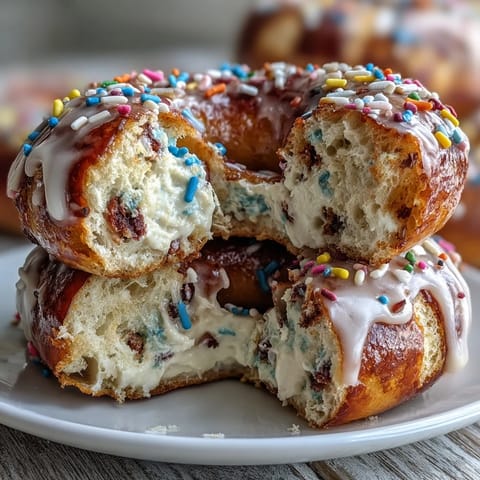 Vibrant Rainbow Sprinkle Birthday Cake Protein Bagels baked golden and topped with colorful sprinkles for a festive, protein-packed breakfast treat.