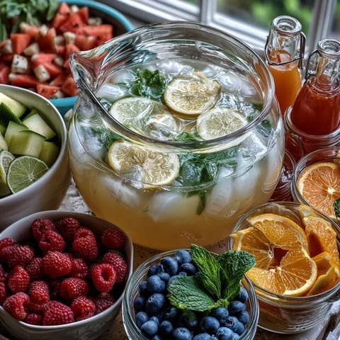 A colorful lemonade bar with classic lemonade, fresh fruit slices, and herbs for guests to create their own refreshing summer drinks.