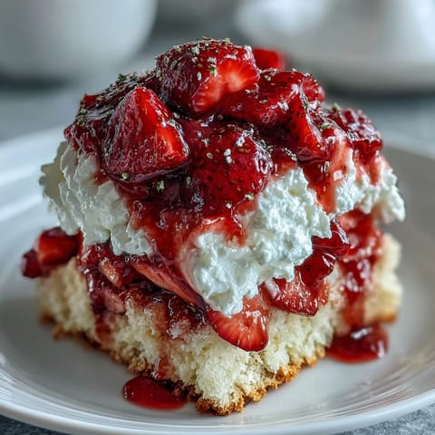 Classic strawberry shortcake with biscuit layers, topped with juicy macerated strawberries and fluffy whipped cream, served on a rustic wooden table.