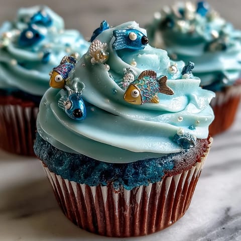 Whimsical Pisces cupcakes topped with handcrafted fondant fish in vibrant colors, perfect for zodiac-themed parties.