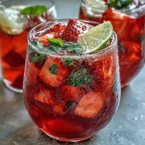 Vibrant strawberry basil lemonade with fresh fruit, aromatic herbs, and citrus slices in a chilled glass pitcher.