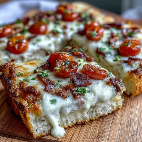 Kentucky Derby Hot Brown flatbread pizza with turkey, bacon, and Mornay sauce on golden crust, topped with tomatoes and melted cheese.