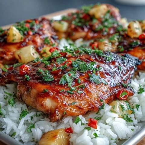 Grilled foil packet with juicy chicken, pineapple, and vegetables over rice, drizzled with savory soy-honey sauce.