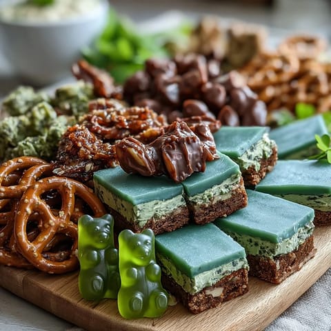 St. Patrick's Day Charcuterie Board Filled with Green Candies, Macarons, and Themed Snacks