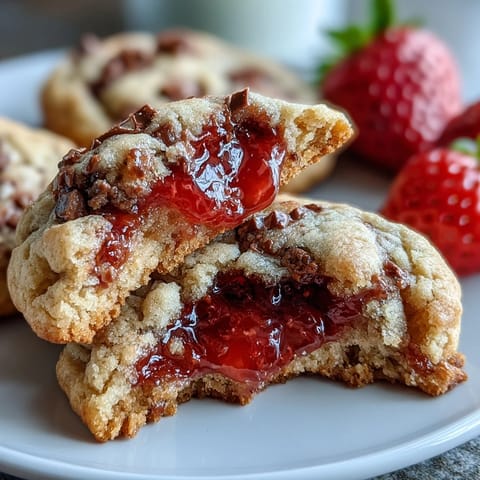 Fresh strawberry jam thumbprint cookies with golden edges and ruby-red jam centers, ideal for tea parties or holiday trays.