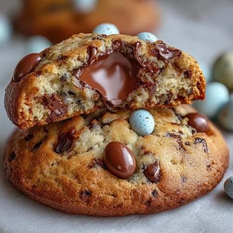 Colorful Easter cookies with chewy chocolate chip dough and crunchy Cadbury Mini Eggs, perfect for spring celebrations.