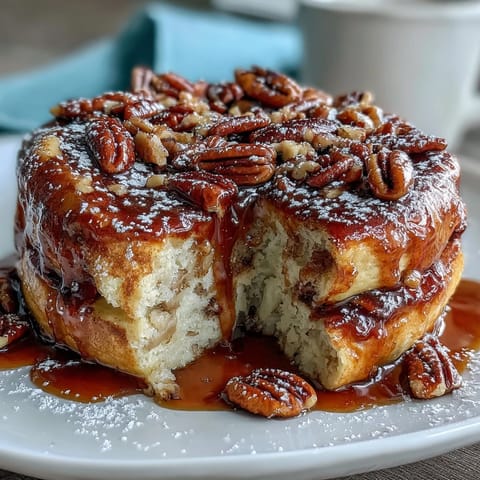 A golden-baked pancake casserole with fluffy layers and a sweet maple syrup drizzle, perfect for a cozy breakfast.