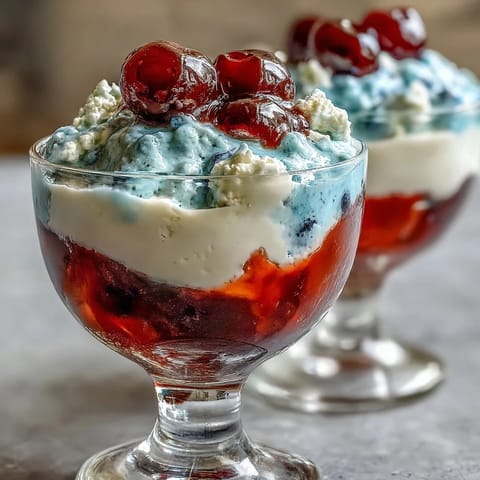 Red, white, and blue layered Jello cups in clear glasses, showing vibrant stripes of strawberry, white gelatin, and blue raspberry layers, chilled and ready to serve.