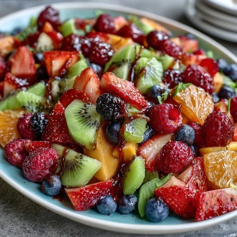 Vibrant spring fruit platter with strawberries, pineapple, and mango, served with creamy honey-yogurt dipping sauce for a refreshing appetizer.