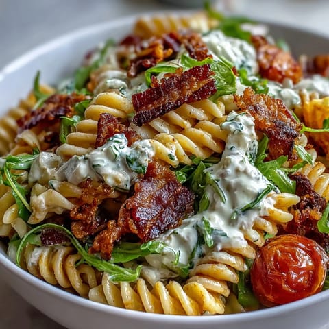 Colorful BLT pasta salad featuring crispy bacon, ripe avocado, and fresh romaine lettuce tossed with zesty mayonnaise dressing.  