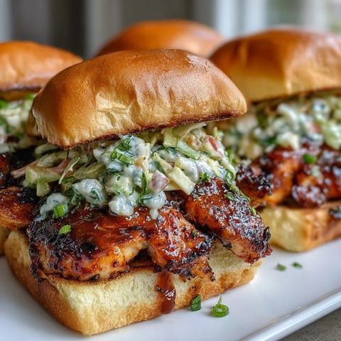 Festive 4th of July BBQ chicken sliders piled high with tangy coleslaw on soft toasted buns.  