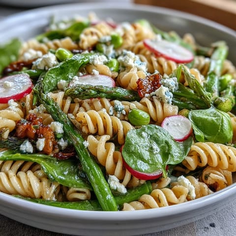 Spring pasta salad with lemon vinaigrette and radishes, vibrant mix of crisp vegetables and tender pasta, perfect for picnics and light lunches.