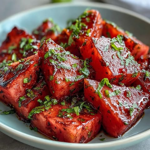 Bright watermelon wedges sprinkled with Tajin chili-lime seasoning and a squeeze of lime juice offer a refreshing, spicy-sweet treat.
