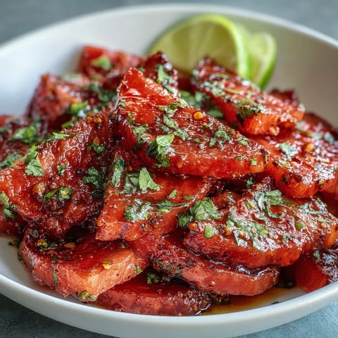 Juicy watermelon slices topped with zesty Tajin seasoning and fresh lime wedges make a perfect summer snack bursting with flavor.