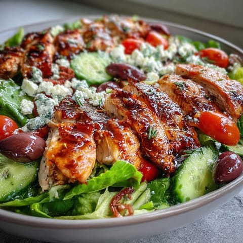 A vibrant Greek salad bowl with grilled chicken, fresh vegetables, and creamy feta cheese, perfect for a healthy lunch or dinner.  