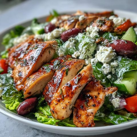 Juicy grilled chicken breast served over a classic Greek salad with crisp romaine, tomatoes, cucumbers, olives, and tangy feta cheese.  