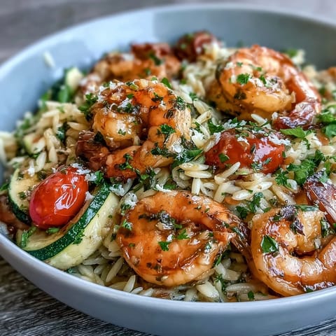 A vibrant one-pan dinner of lemon butter shrimp and orzo with zucchini and cherry tomatoes, all cooked to perfection in a single skillet.