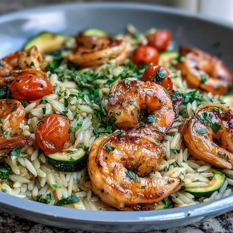 Lemon butter shrimp and orzo, bursting with fresh herbs and zesty citrus, served straight from the pan for a quick Mediterranean-inspired meal.