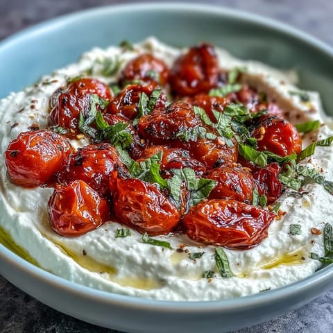 Creamy whipped feta dip with roasted cherry tomatoes, garnished with fresh basil and olive oil. Perfect appetizer for parties.