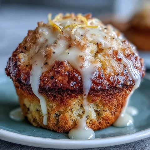 Golden lemon poppy seed muffins topped with sparkling sugar and a glossy lemon glaze, perfect for breakfast or brunch.