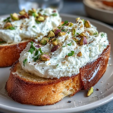 Golden baguette slices spread with fluffy ricotta, drizzled with honey, and garnished with lemon zest and pistachios for a sweet-savory bite.