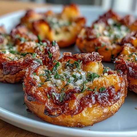 Roasted baby potatoes smashed and drizzled with olive oil, offering a crunchy texture and savory flavor.