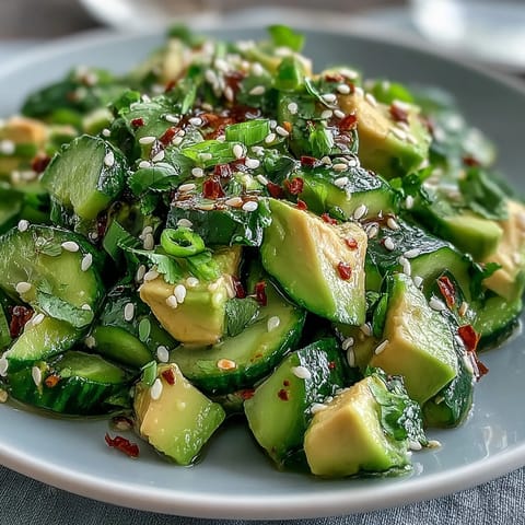 A vibrant bowl of smashed cucumber and avocado salad with sesame dressing, topped with toasted seeds and green onions.