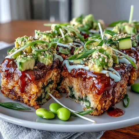 Crispy rice salad with avocado and spicy tuna, topped with sesame seeds and fresh herbs for a sushi-inspired meal.  