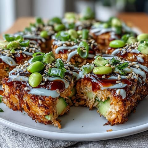 Golden fried rice squares layered with creamy avocado, zesty spicy tuna, and crunchy vegetables in a vibrant bowl.  