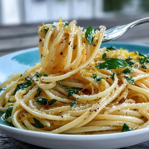 A vibrant spring pasta limone with silky lemon-butter sauce, fresh basil, and parmesan served on a white plate.