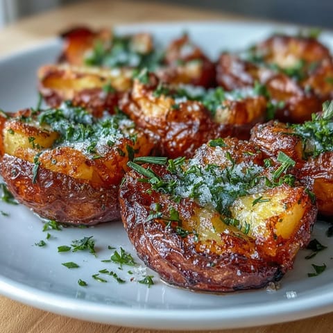 Crispy smashed potatoes with golden edges, seasoned with garlic and fresh herbs, perfect as a side dish.
