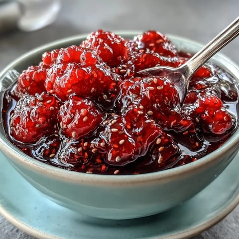 Vibrant raspberry lemon chia jam with fresh berries, tangy citrus, and natural chia seed thickness in a small jar.