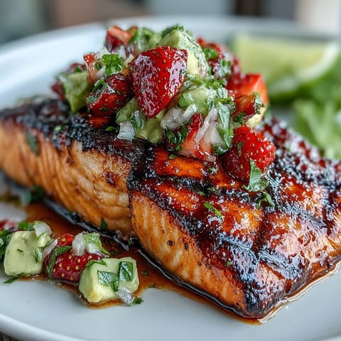 Grilled salmon with strawberry avocado salsa, a vibrant summer dish with juicy berries and creamy avocado.  