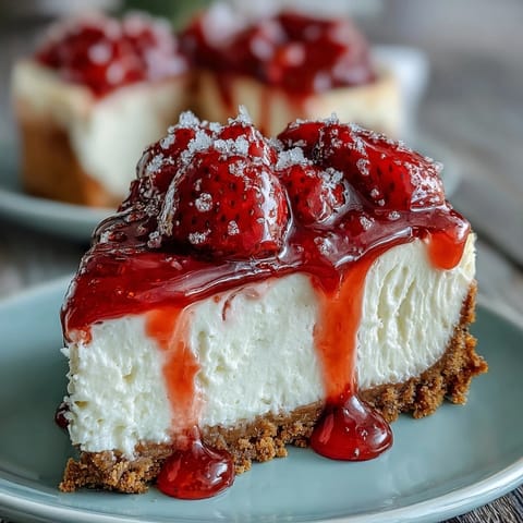 A creamy no-bake strawberry cheesecake with a buttery graham cracker crust and vibrant fresh strawberry topping, perfect for warm-weather dessert.