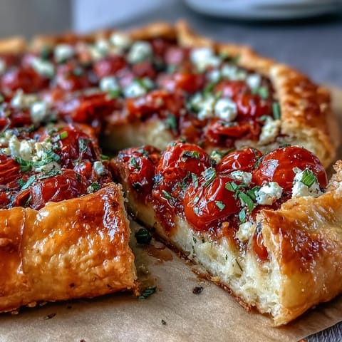 Golden brown rustic galette with bursting cherry tomatoes and creamy feta cheese filling.
