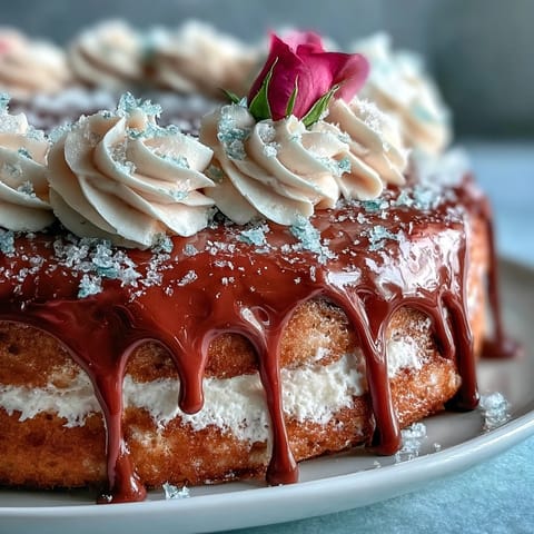 Pink velvet cake infused with rosé wine, adorned with a glistening gold drip.