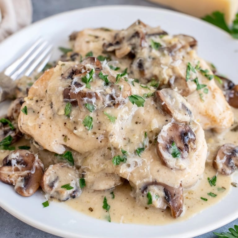 Golden seared chicken topped with rich Creamy Garlic Mushroom Chicken sauce ready to serve.