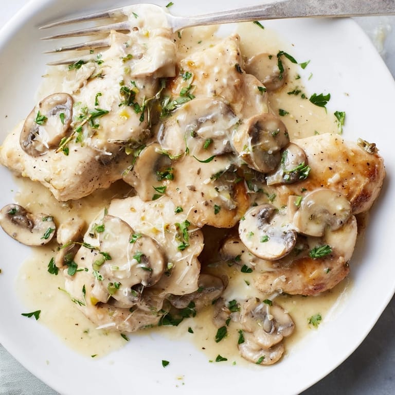 Close-up shows Creamy Garlic Mushroom Chicken, glistening sauce, and fresh parsley garnish.