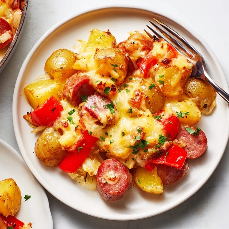 Comforting One-Pan Cheesy Sausage and Potatoes with tender vegetables and smoky sausage.