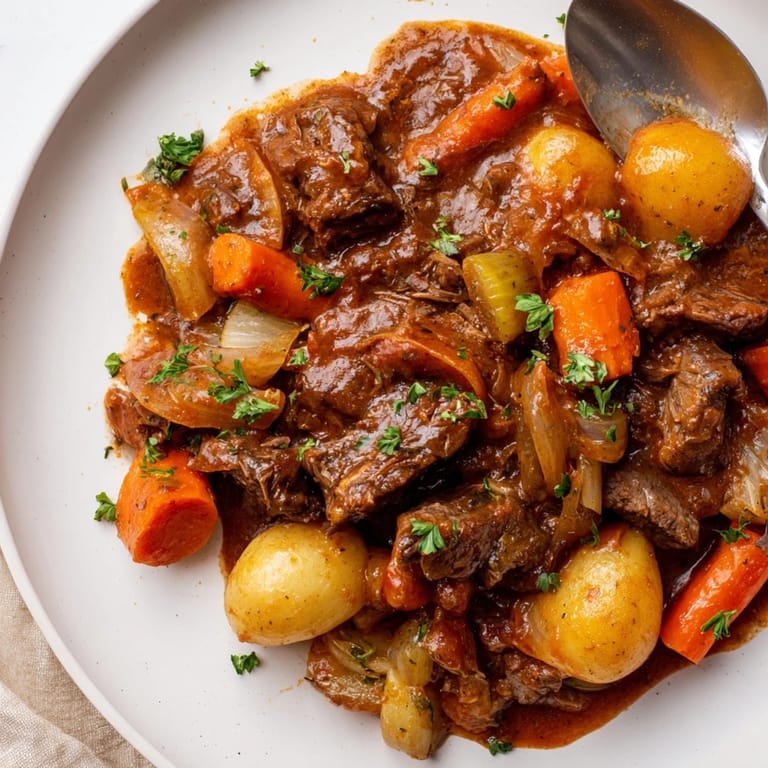Savory Hearty Beef and Vegetable Casserole with tender meat and vibrant root vegetables.  