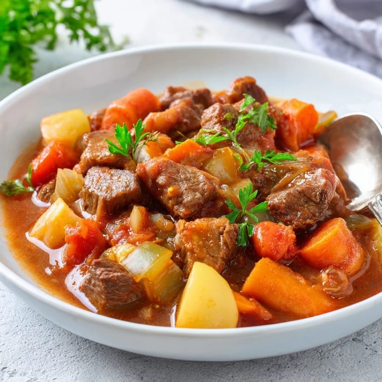 Warm, comforting Hearty Beef and Vegetable Casserole ideal for a cozy family dinner.