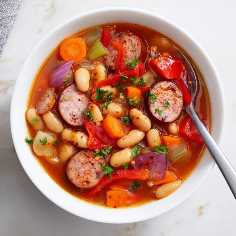Delicious spicy sausage and bean stew served hot with fresh herbs.