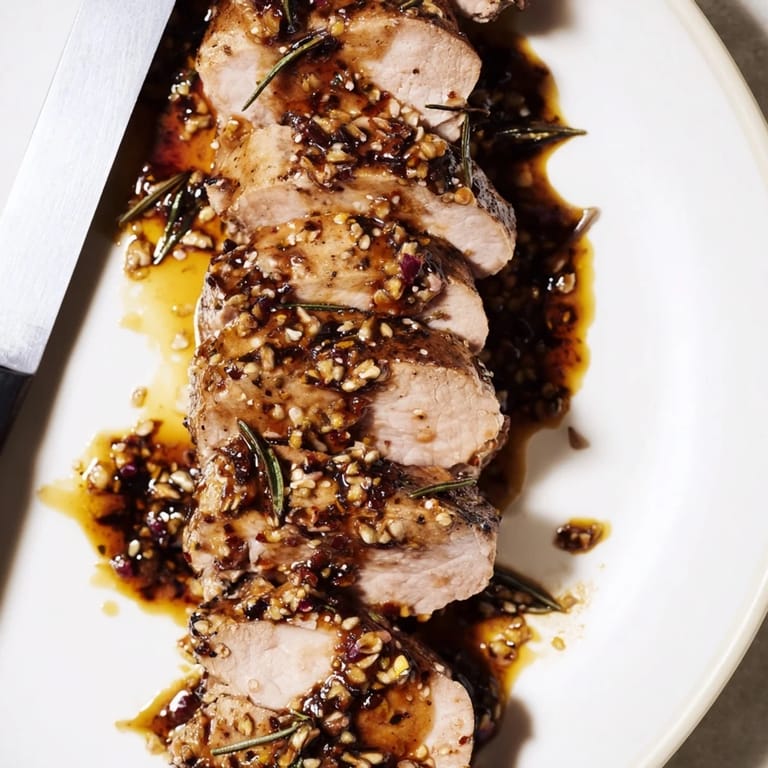 Tender pork tenderloin drizzled with a rich balsamic glaze, perfect for dinner.  