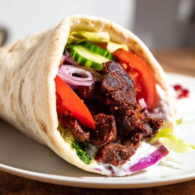 A close-up of a Beef Shawarma Wrap, showing the layered textures of flatbread, beef, and sauce.