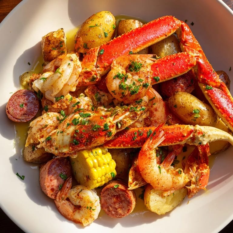 This mouthwatering seafood boil is piled with crab, tender shrimp, sausage, and fresh corn on the cob.